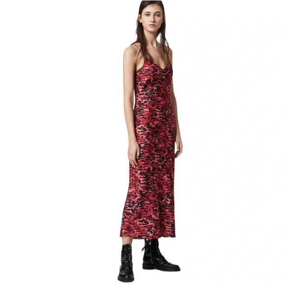 ALLSAINTS Hera Ambient Animal Print Slip Dress Red Size L NWT - Picture 15 of 16